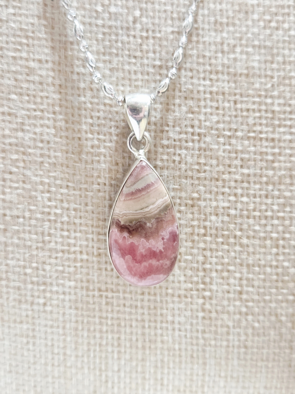 Sterling Silver Pink Rhodochrosite Teardrop Pendant Necklace